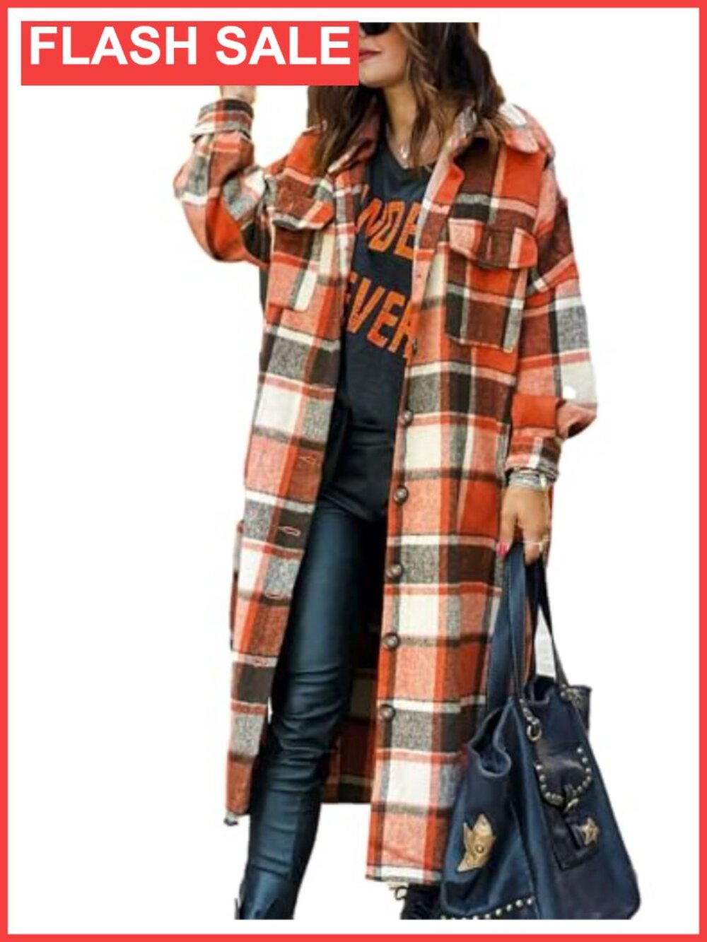 Wool Blend Plaid Button Up Long Shacket Coat with Pockets